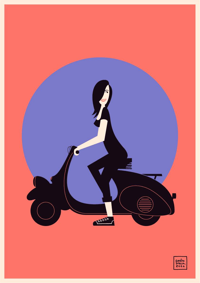 an illustration of a girl riding a vespa motorbike